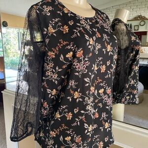 Anthropologie Pleione Black Floral Blouse with Sheer Lace Sleeves Sz Small